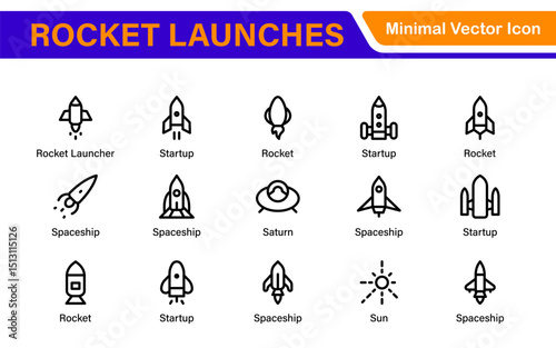 Rocket Launch Icon Pack – Clean Outline, Line Art, and Vector Illustrations for Space Missions, Satellite Launches, and Aerospace Projects