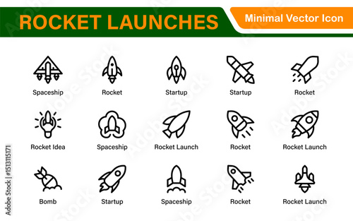 Rocket Launch Icon Pack – Clean Outline, Line Art, and Vector Illustrations for Space Missions, Satellite Launches, and Aerospace Projects