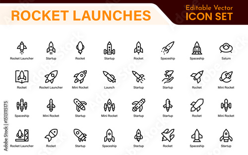 Rocket Launch Icon Pack – Clean Outline, Line Art, and Vector Illustrations for Space Missions, Satellite Launches, and Aerospace Projects