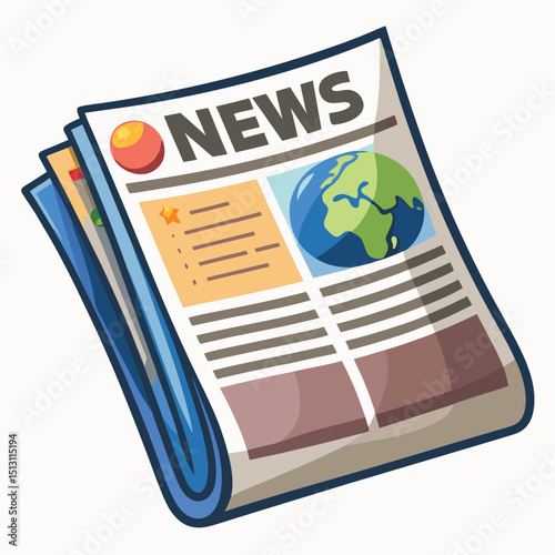 Cartoon News Publication Stacked Newspaper Featuring Global News and Illustrated Stories on White Background