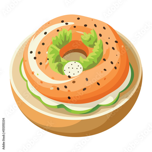 Cartoon Salmon Bagel with Cream Cheese and Lettuce on a Plate