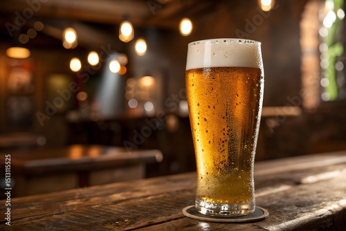 Glass of Light Amber Beer with Frothy Head on Wooden Bar Counter, Bar Interior Ambian photo
