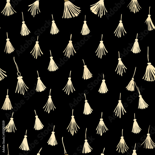 Seamless vector pattern of tiny stylized tassel icons on black  