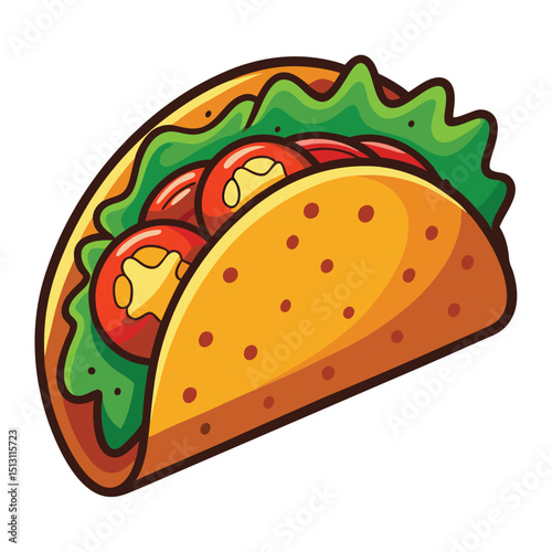 Cartoon Taco with Lettuce and Tomatoes, Delicious Mexican Food Illustration on White