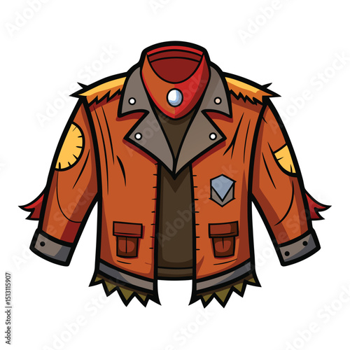 CartoonStyled Brown Jacket with Pockets, Badge, and Red Accents Isolated on White