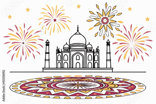 A vibrant depiction of Diwali celebration at the Taj Mahal, featuring fireworks and a Rangoli design on the ground.