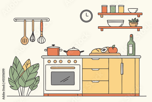 A cozy kitchen illustration featuring a stove, oven, cabinets, and various cooking utensils, along with a clock and potted plant, creating a homey and organized atmosphere.