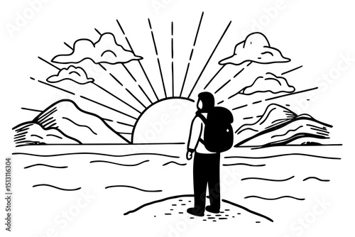 A lone hiker pauses atop a hill, taking in the breathtaking view of a serene sunrise over a tranquil body of water, surrounded by majestic mountains.