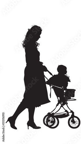 Mother with pram Silhouette Vector Illustration, black silhouettes isolated on white background