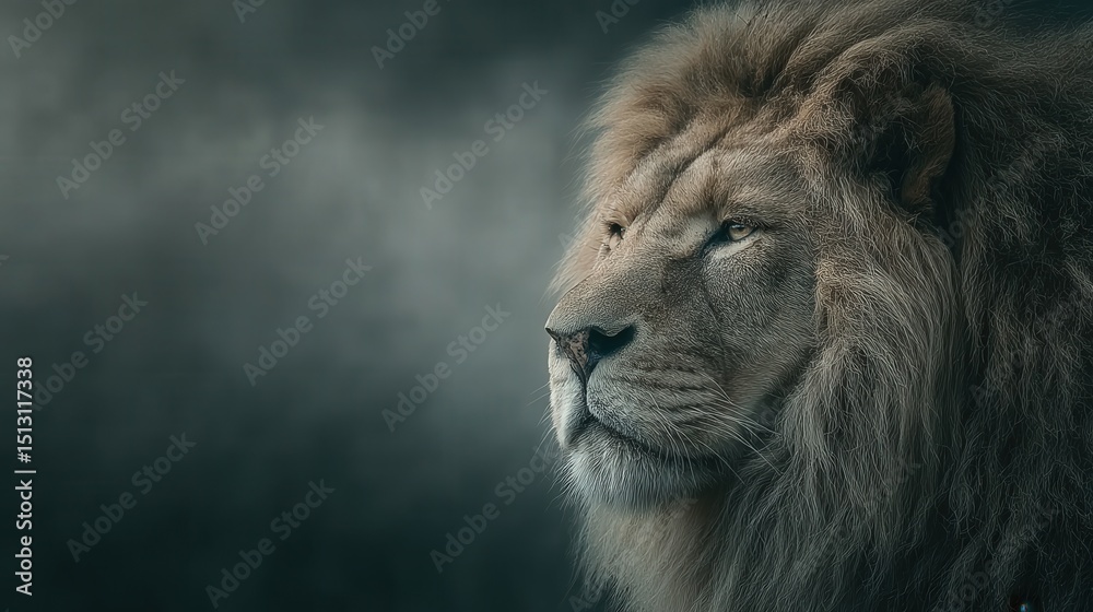 Fototapeta premium Majestic Lion Portrait: A captivating portrait of a magnificent male lion, exuding power and regal presence, set against a dramatic, moody backdrop.