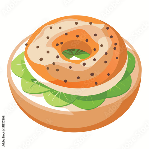 Delicious bagel illustration with cream cheese and fresh green leaf topping for breakfast