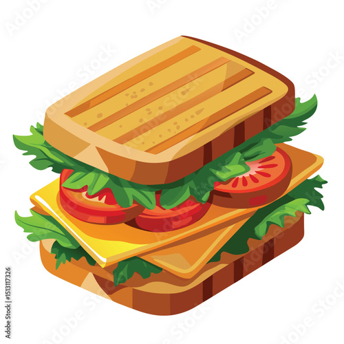 Delicious Cartoon Grilled Sandwich with Cheese, Tomato, and Lettuce Isolated on White