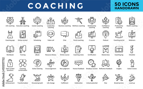 Coaching icons set with life, executive, career, leadership, wellness, business, confidence, relationship, productivity, health icon. Simple handdrawn vector 
