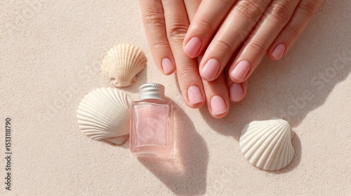 Well-groomed hands with light pink nails rest on sand beside seashells and a small bottle, evoking a relaxing beach-themed manicure scene.