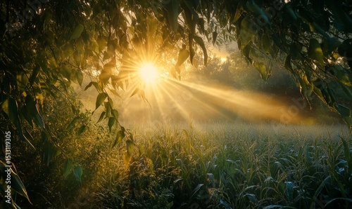 sunrise over a cornfield at dawn in Illinois in July, dew still on the leaves, sun beams causing camera flare, serene