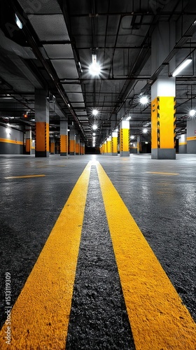 A modern, brightly-lit underground parking garage with yellow lines and structural columns in view.