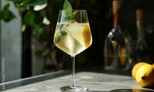 Homemade Limoncello spritz drink of liqueur, sparkling wine and lemon in cocktail glass