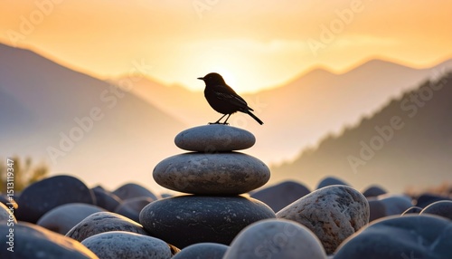 Zen Bird Silhouette: Contemplative Blackbird Perched on Stacked Pebbles at Sunrise