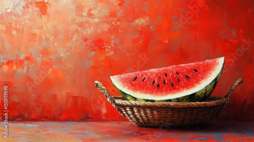 Vibrant Watermelon Still Life Painting with Textural Red Backdrop and Woven Basket Offering, a Depiction of Summer Freshness