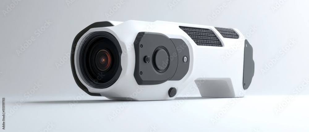 Fototapeta premium Camera design with a sleek, modern appearance featuring a cylindrical body and advanced lens technology.