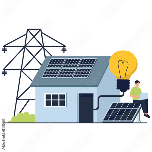 A house with solar panels generating electricity using clean and renewable energy sources.