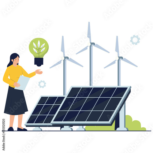 Woman analyzing wind turbines and solar panels promoting clean and green energy.