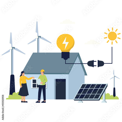 Smart home powered by solar and wind energy connected to a bright light bulb.