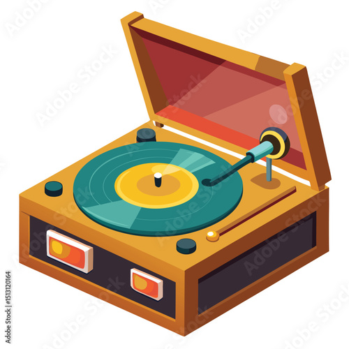 Retro Turntable with Teal Vinyl Record and Tan Cabinet Isometric Style Vector Illustration