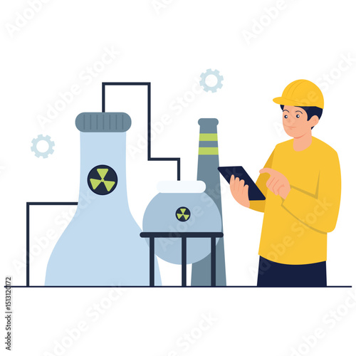 Male engineer monitors a modern nuclear power plant as part of sustainable energy systems.