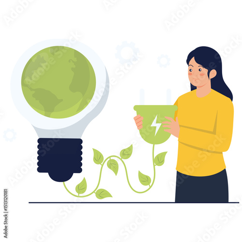 Woman holding a green energy plug connected to an eco light bulb symbolizing sustainability.