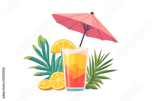 A tropical cocktail with bright fruit garnishes and a dramatic splash effect captured mid-air isolated on a white background