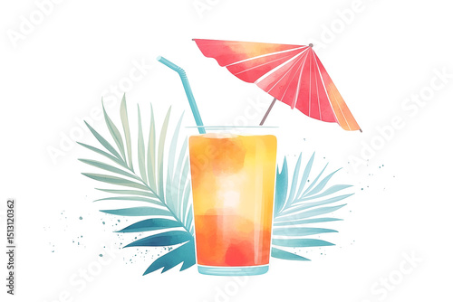 A tropical cocktail with bright fruit garnishes and a dramatic splash effect captured mid-air isolated on a white background