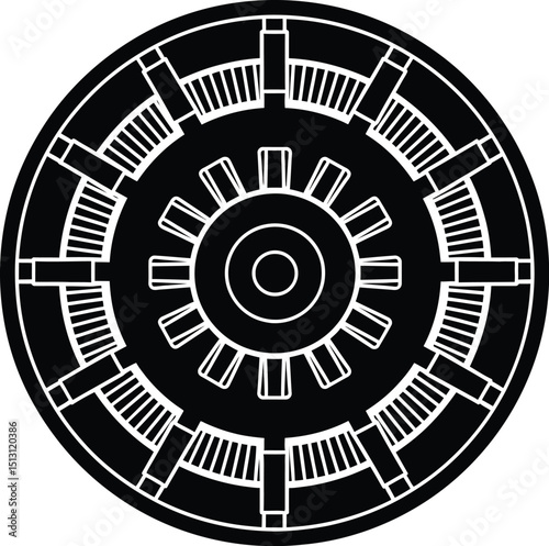 Black and white arc reactor design vector illustration energy core power source technology drawing concept art