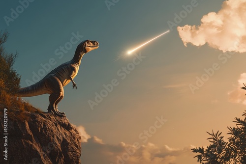 A velociraptor stands majestically on a rocky cliff, gazing at a bright meteor blazing through the evening sky, creating a stunning visual contrast against the landscape