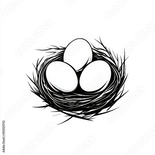 Three pristine white eggs rest securely inside a detailed twig nest, on a white backdrop.