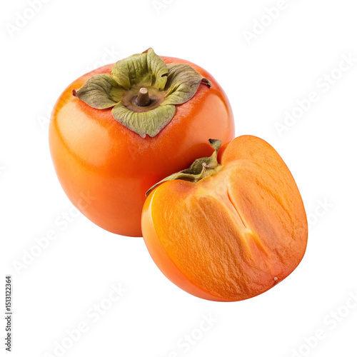 Ripe persimmon fruit with slice isolated on transparent background