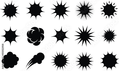Vector comic explosion icons set in black silhouette style – dynamic burst shapes, smoke clouds, starburst effects for pop art, retro cartoon design
