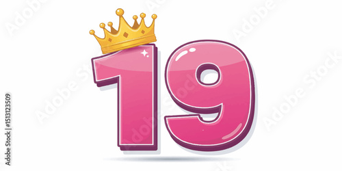 19th Birthday Icon Vector, Pink Number with Crown Clip Art