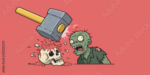 Funny Zombie and Hammer Cartoon Vector, Halloween Horror Comic Illustration