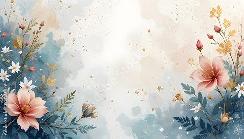 Winter Background Vector with Hand Painted Watercolor and Gold Brush Texture Botanical Flowers and Leaves Abstract Art Design







