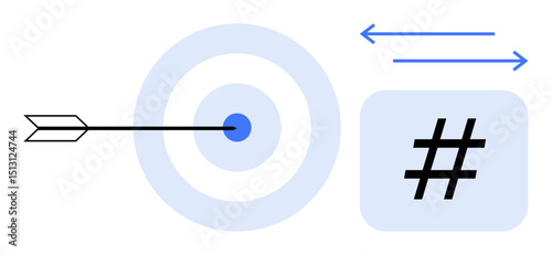 Arrow hitting bullseye target with metadata tag and directional arrows. Ideal for precision, social media, targeting, success, digital marketing, analytics, customer focus, simple landing page