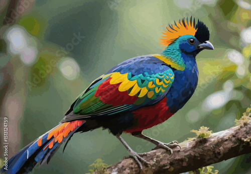 Exotic Rainbow Bird with Vibrant Feathers Perched on a Forest Branch