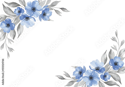 Fototapeta Naklejka Na Ścianę i Meble -  Watercolor floral frame with blue flowers and grey leaves isolated on transparent background
