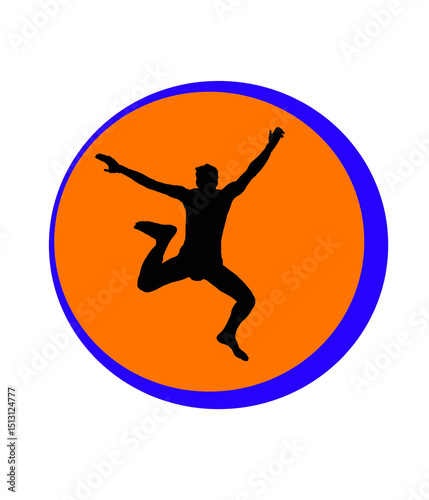 Jump Circle Energy. Una figura slanciata in salto, racchiusa in un cerchio arancione con bordo blu, trasmette energia, libertà e movimento. Uno stile semplice e d’impatto. photo