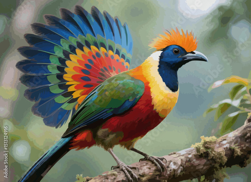 Exotic Rainbow Bird with Vibrant Feathers Perched on a Forest Branch