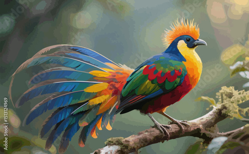 Exotic Rainbow Bird with Vibrant Feathers Perched on a Forest Branch