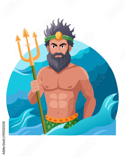 Bearded sea god with trident and stormy ocean waves