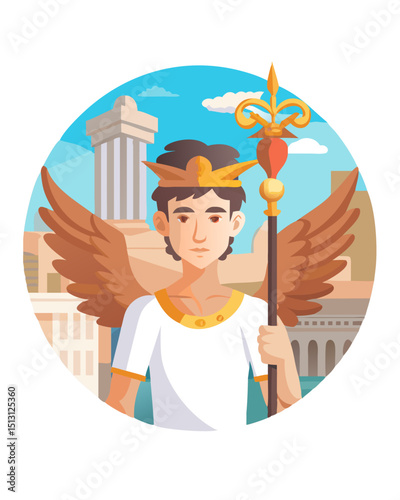 Winged messenger god holding caduceus staff in ancient city