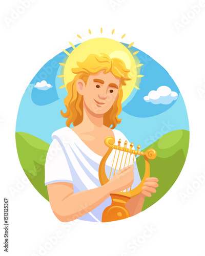 Sun god with halo playing golden lyre in daylight