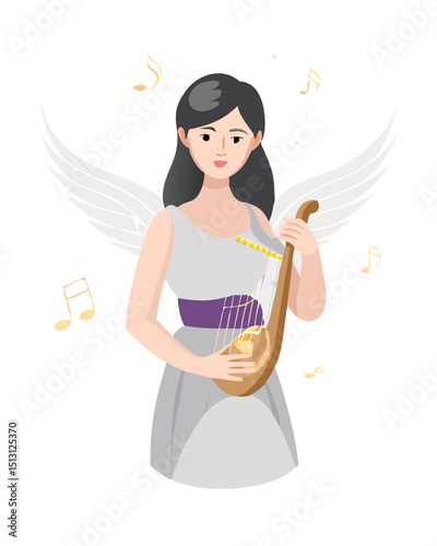 Angelic woman with wings playing harp and singing